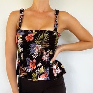 Patrons of Peace black smocked tropical print ruffle strap tank size small